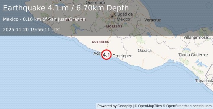 Earthquake GUERRERO, MEXICO (4.1 m) (2025-11-20 19:56:11 UTC)