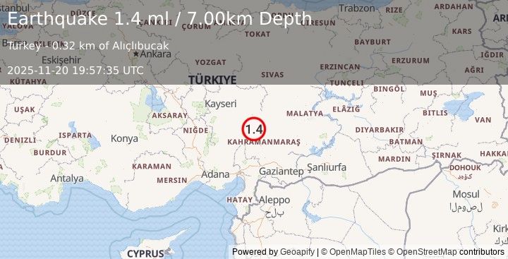Earthquake CENTRAL TURKEY (1.4 ml) (2025-11-20 19:57:35 UTC)