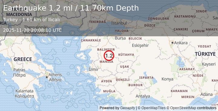 Earthquake WESTERN TURKEY (1.2 ml) (2025-11-20 20:08:09 UTC)