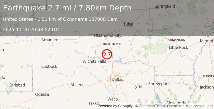 Earthquake OKLAHOMA (2.5 ml) (2025-11-20 20:48:01 UTC)