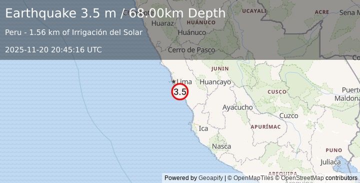 Earthquake NEAR COAST OF CENTRAL PERU (3.5 m) (2025-11-20 20:45:16 UTC)