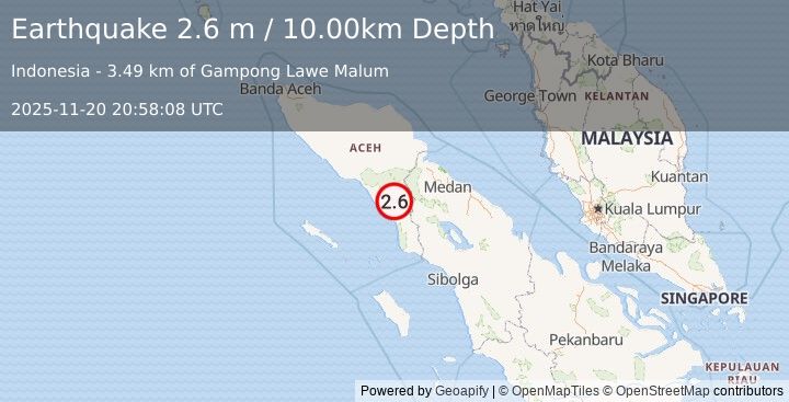 Earthquake NORTHERN SUMATRA, INDONESIA (2.6 m) (2025-11-20 20:58:08 UTC)