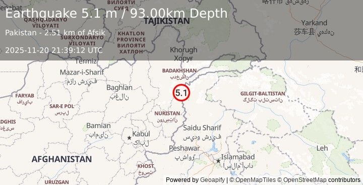 Earthquake HINDU KUSH REGION, AFGHANISTAN (4.9 mb) (2025-11-20 21:39:13 UTC)