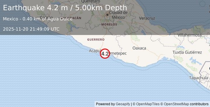 Earthquake GUERRERO, MEXICO (4.2 m) (2025-11-20 21:49:09 UTC)