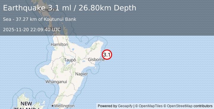 Earthquake OFF E. COAST OF N. ISLAND, N.Z. (3.1 ml) (2025-11-20 22:09:40 UTC)