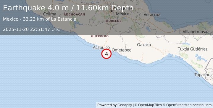 Earthquake OFFSHORE GUERRERO, MEXICO (4.0 m) (2025-11-20 22:51:47 UTC)