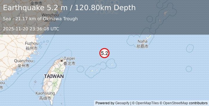 Earthquake NORTHEAST OF TAIWAN (5.0 m) (2025-11-20 23:36:07 UTC)