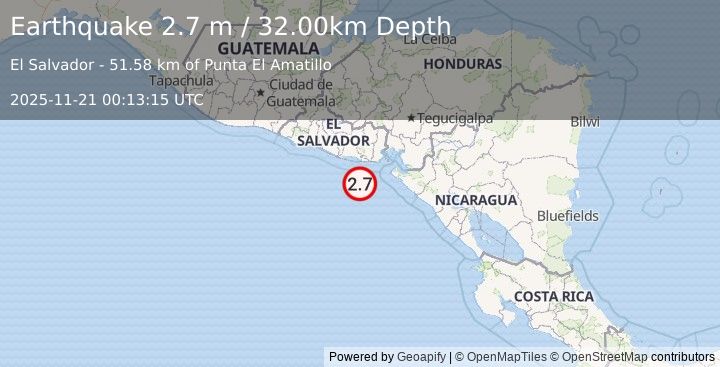Earthquake OFFSHORE EL SALVADOR (2.7 m) (2025-11-21 00:13:15 UTC)