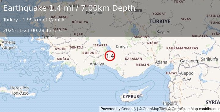 Earthquake WESTERN TURKEY (1.4 ml) (2025-11-21 00:28:14 UTC)