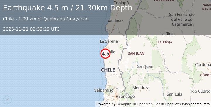 Earthquake COQUIMBO, CHILE (4.5 m) (2025-11-21 02:39:29 UTC)