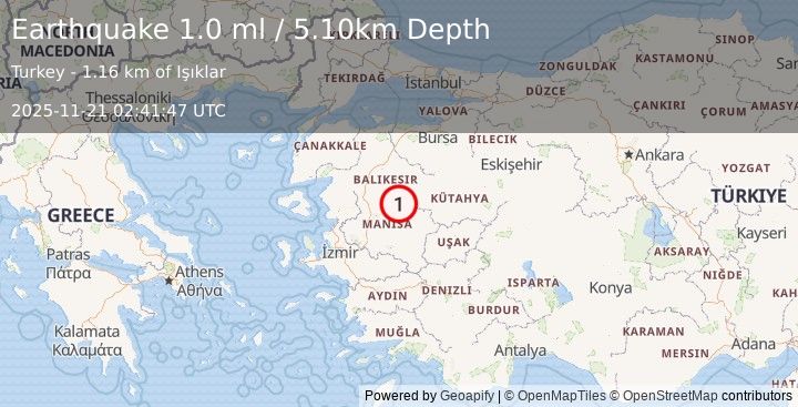 Earthquake WESTERN TURKEY (1.0 ml) (2025-11-21 02:41:47 UTC)