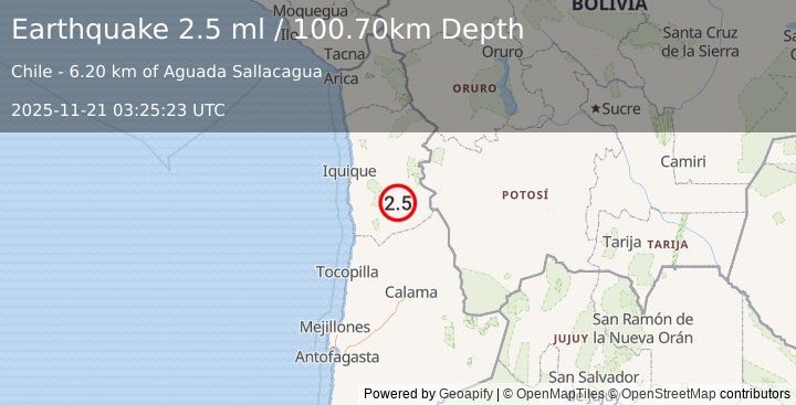 Earthquake TARAPACA, CHILE (2.5 ml) (2025-11-21 03:25:23 UTC)