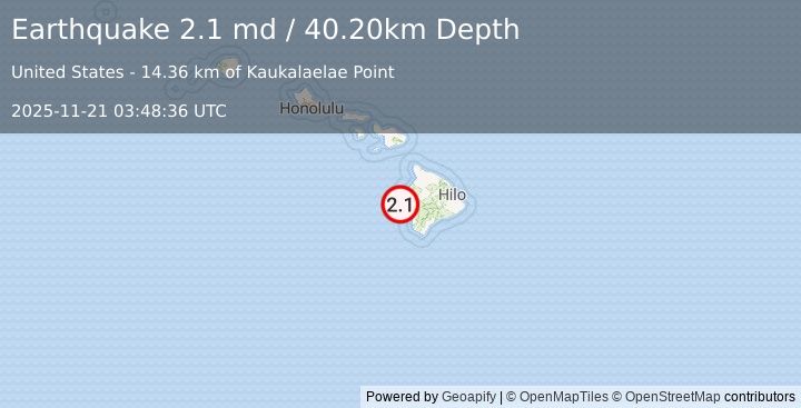 Earthquake HAWAII REGION, HAWAII (2.1 md) (2025-11-21 03:48:36 UTC)