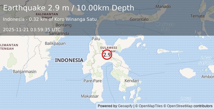 Earthquake SULAWESI, INDONESIA (2.9 m) (2025-11-21 03:59:35 UTC)