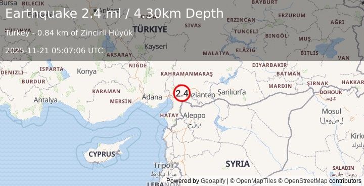 Earthquake CENTRAL TURKEY (2.3 ml) (2025-11-21 05:07:05 UTC)