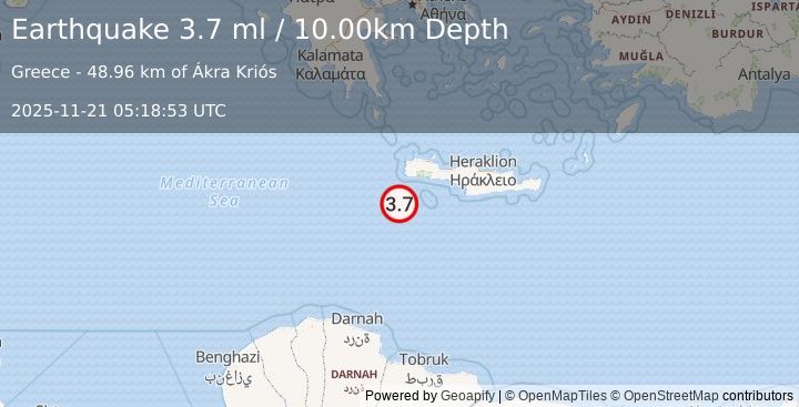 Earthquake CRETE, GREECE (3.7 ml) (2025-11-21 05:18:53 UTC)