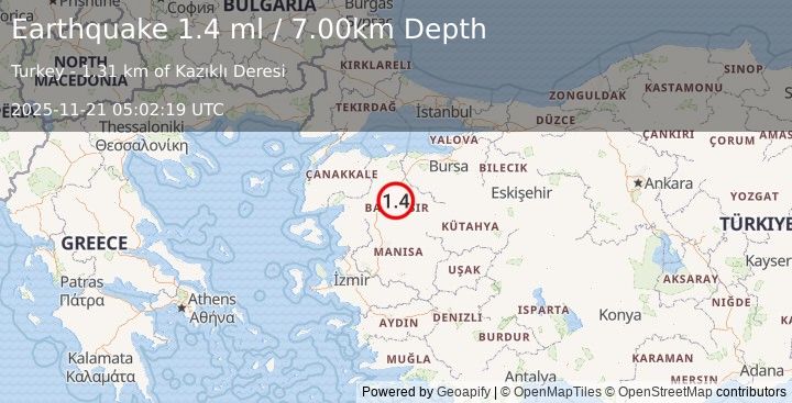 Earthquake WESTERN TURKEY (1.4 ml) (2025-11-21 05:02:19 UTC)