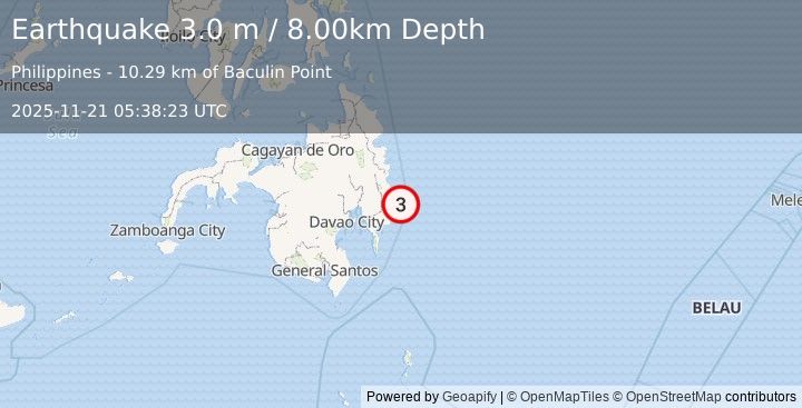 Earthquake MINDANAO, PHILIPPINES (3.0 m) (2025-11-21 05:38:23 UTC)