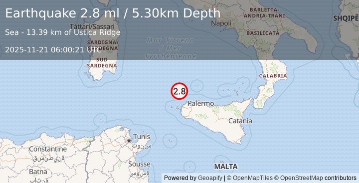 Earthquake SICILY, ITALY (2.8 ml) (2025-11-21 06:00:21 UTC)