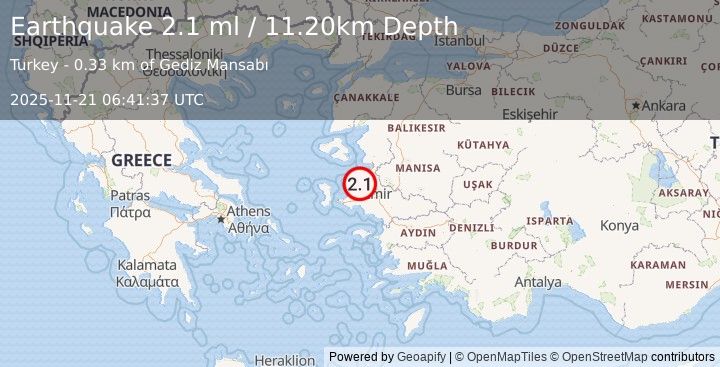 Earthquake NEAR THE COAST OF WESTERN TURKEY (2.0 ml) (2025-11-21 06:41:36 UTC)