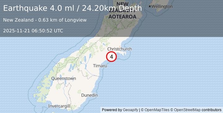 Earthquake SOUTH ISLAND OF NEW ZEALAND (4.0 ml) (2025-11-21 06:50:52 UTC)