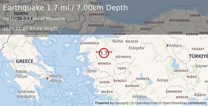 Earthquake WESTERN TURKEY (1.8 ml) (2025-11-21 07:26:52 UTC)