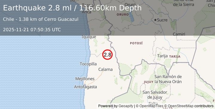 Earthquake ANTOFAGASTA, CHILE (2.8 ml) (2025-11-21 07:50:35 UTC)