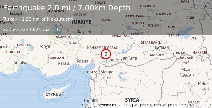 Earthquake CENTRAL TURKEY (2.0 ml) (2025-11-21 08:03:52 UTC)