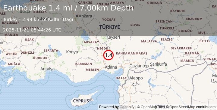 Earthquake CENTRAL TURKEY (1.4 ml) (2025-11-21 08:44:26 UTC)