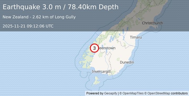 Earthquake SOUTH ISLAND OF NEW ZEALAND (3.0 m) (2025-11-21 09:12:06 UTC)