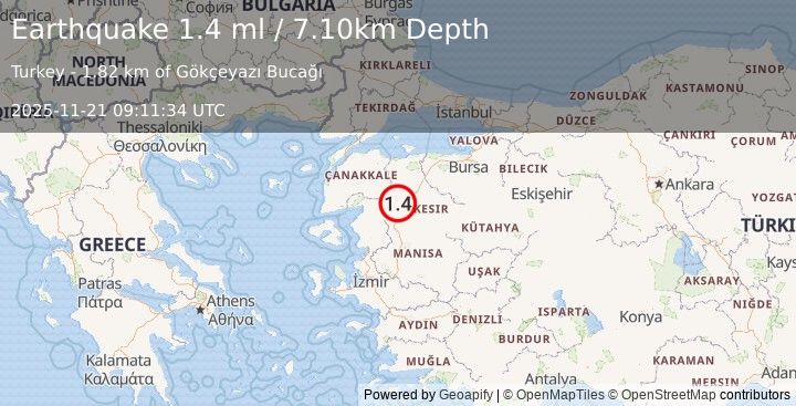 Earthquake WESTERN TURKEY (1.4 ml) (2025-11-21 09:11:34 UTC)