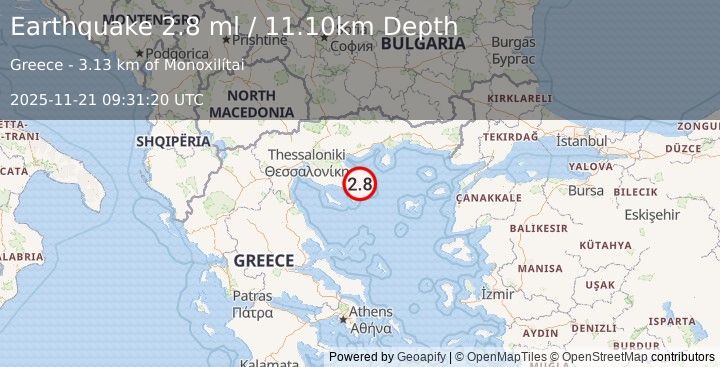 Earthquake AEGEAN SEA (2.8 ml) (2025-11-21 09:31:20 UTC)