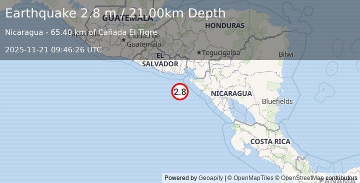 Earthquake NEAR COAST OF NICARAGUA (2.8 m) (2025-11-21 09:46:26 UTC)