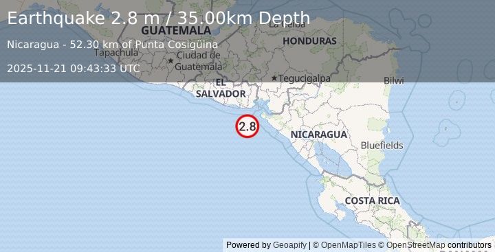 Earthquake NEAR COAST OF NICARAGUA (2.8 m) (2025-11-21 09:43:33 UTC)