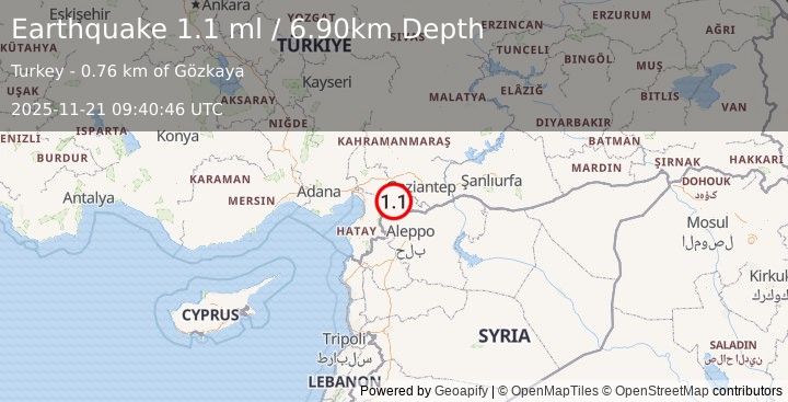 Earthquake TURKEY-SYRIA BORDER REGION (1.1 ml) (2025-11-21 09:40:46 UTC)