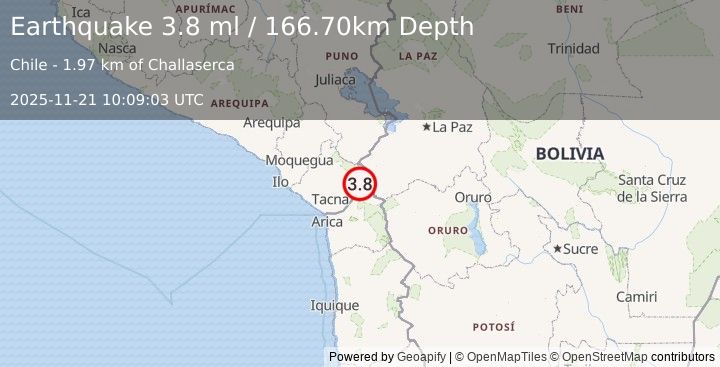 Earthquake TARAPACA, CHILE (4.0 ml) (2025-11-21 10:09:04 UTC)