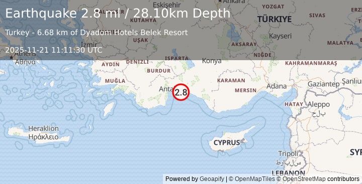Earthquake WESTERN TURKEY (2.8 ml) (2025-11-21 11:11:29 UTC)