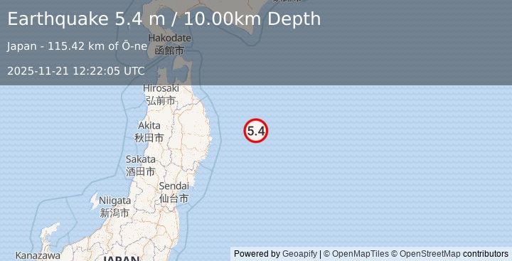 Earthquake OFF EAST COAST OF HONSHU, JAPAN (5.5 mw) (2025-11-21 12:22:05 UTC)