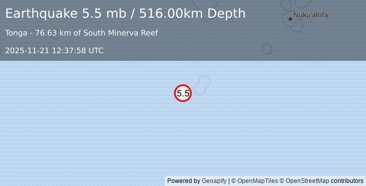 Earthquake SOUTH OF FIJI ISLANDS (5.6 mw) (2025-11-21 12:38:00 UTC)