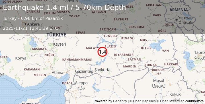Earthquake EASTERN TURKEY (1.4 ml) (2025-11-21 12:41:39 UTC)