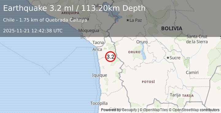 Earthquake TARAPACA, CHILE (3.2 ml) (2025-11-21 12:42:38 UTC)