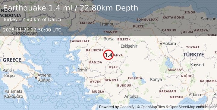 Earthquake WESTERN TURKEY (1.4 ml) (2025-11-21 12:50:00 UTC)