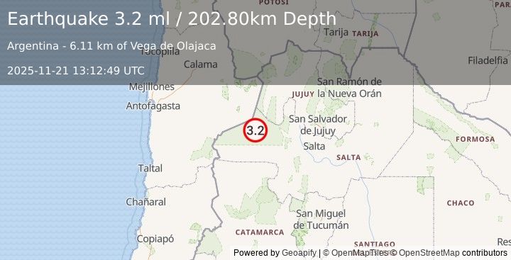 Earthquake SALTA, ARGENTINA (3.2 ml) (2025-11-21 13:12:49 UTC)