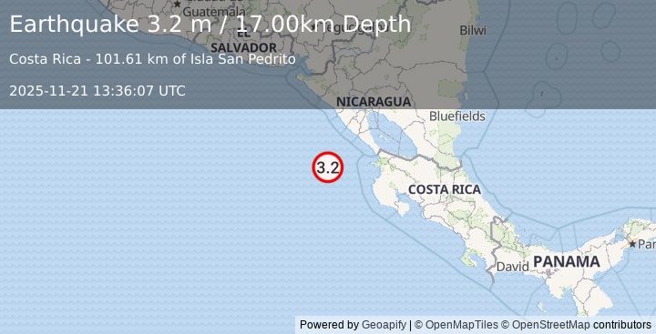 Earthquake OFF COAST OF COSTA RICA (3.2 m) (2025-11-21 13:36:07 UTC)