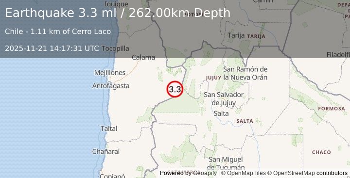 Earthquake ANTOFAGASTA, CHILE (3.3 ml) (2025-11-21 14:17:31 UTC)