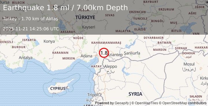 Earthquake CENTRAL TURKEY (1.8 ml) (2025-11-21 14:25:06 UTC)