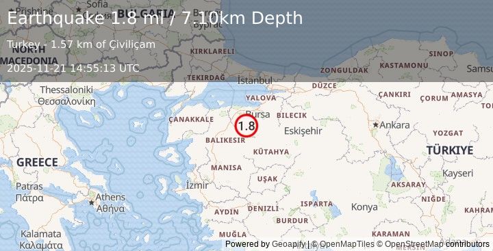 Earthquake WESTERN TURKEY (1.8 ml) (2025-11-21 14:55:13 UTC)