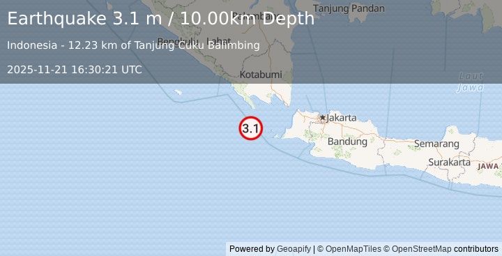 Earthquake SUNDA STRAIT, INDONESIA (3.1 m) (2025-11-21 16:30:21 UTC)