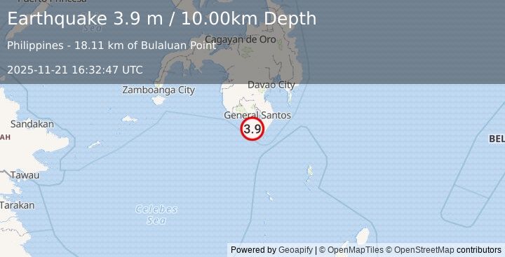 Earthquake MINDANAO, PHILIPPINES (3.9 m) (2025-11-21 16:32:47 UTC)