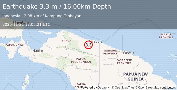 Earthquake NEAR N COAST OF PAPUA, INDONESIA (3.3 m) (2025-11-21 17:05:21 UTC)